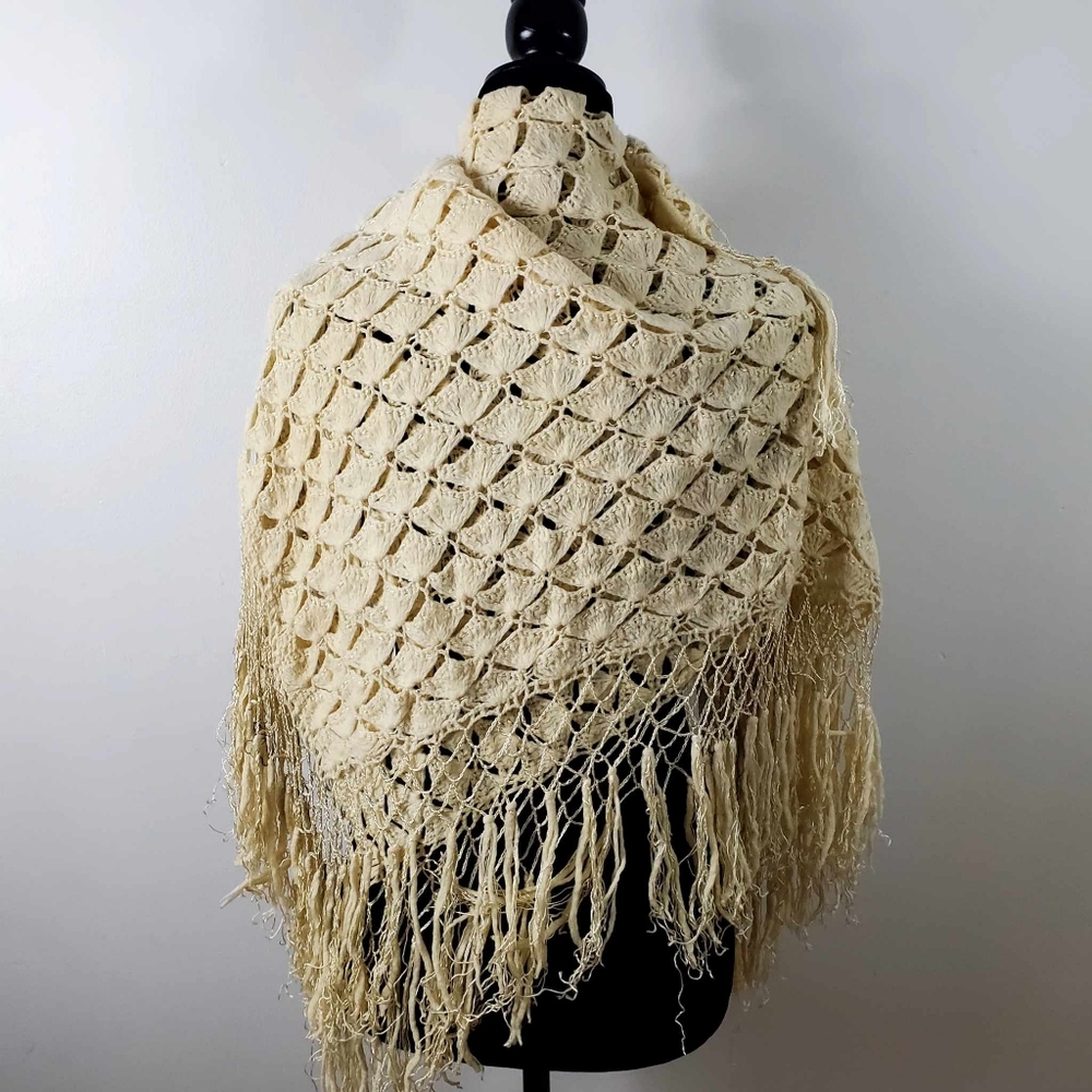 Handknit Cream Wrap With Long Fringe